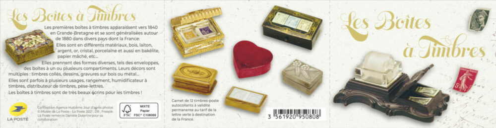 Les boîtes à timbres, couverture du carnet de 12 timbres autocollants, 2021 ( conception graphique et mise en page agence Huitième Jour, impression héliogravure, d'après photos musée de La Poste et prêt de Danièle Dutertre) (© La Poste/Huitième jour)