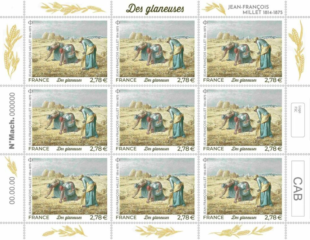 Feuille de 9 timbres Jean-François Millet, 2025 ( création et gravure de Sarah Lazarevic, d'après © Musée d'Orsay, Paris, France/Bridgeman Images) (©La Poste/ S.Lazarevic)