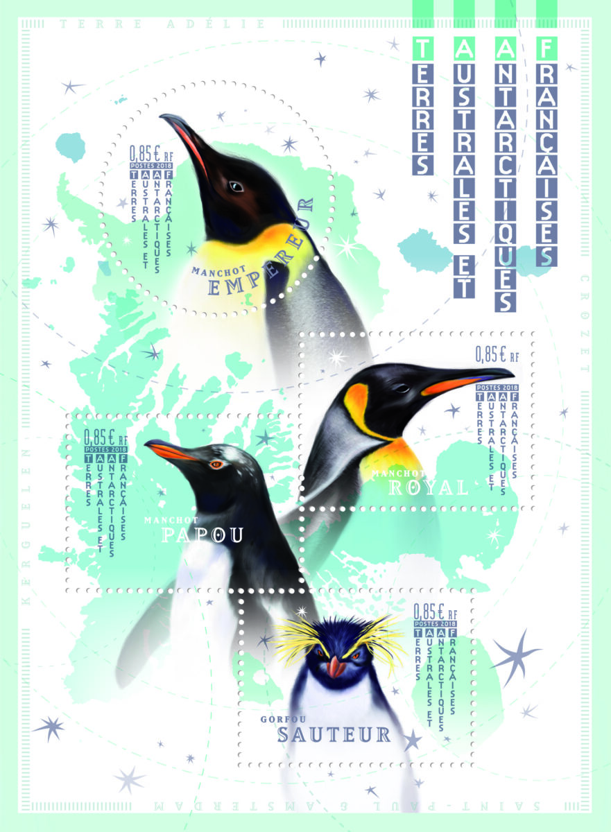 TAAF, Les manchots, création graphique, illustrations Patte et Besset, impression héliogravure, 2018 (© La Poste/ Patte et Besset)