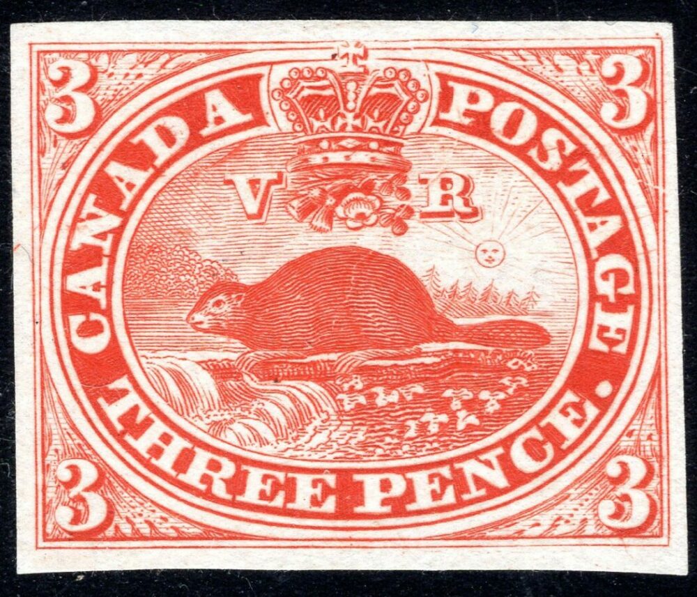 Province du Canada, Castor, épreuve de planche en rouge du timbre de 3 deniers, 1851 (dessin de Sandford Fleming, gravure de Alfred Jones, impression Rawdon, Wright, Hatch et Edson, New York. (coll. Richard Gratton)