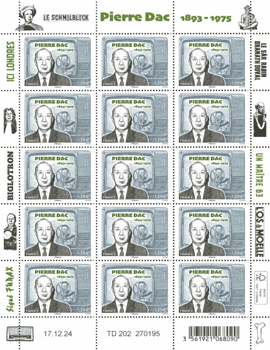 feuille de 15 timbres Pierre Dac, 2025 (création et gravure d'Elsa Catelin, d'après photo © AGIP / Bridgeman Images, contours de feuille d'après photos Archives Jacques Pessis) (©La Poste/ E.Catelin)