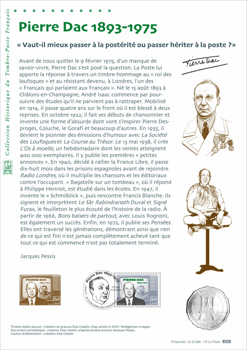 Document philatélique du timbre Pierre Dac, 2025 (création Elsa Catelin d'après photos Jacques Pessis) (© La Poste/ E.Catelin/ J.Pessis)