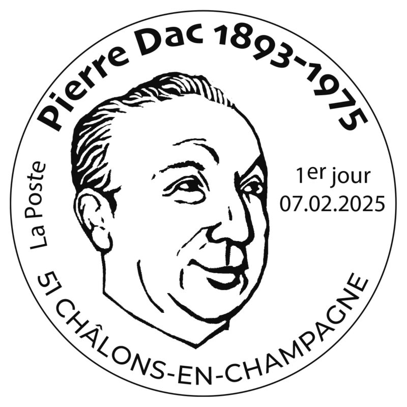 Timbre à date du timbre Pierre Dac, 2025 (conception graphique d'Elsa Catelin) (© La Poste/ E.Catelin)