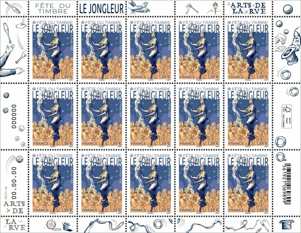 feuille de 15 timbres fête du timbre le jongleur, 2025 (création et gravure de Louis Genty, impression taille-douce et offset) (©La Poste/ L.Genty)