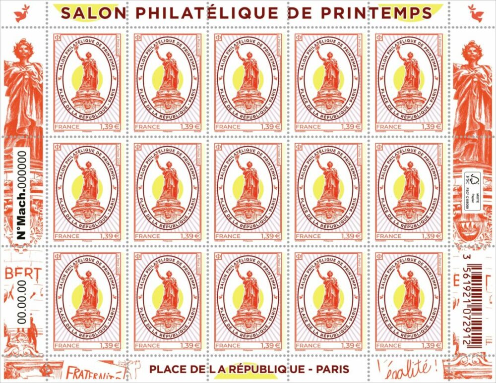 feuille de 15 timbres place de la République, 2025 (création de Ségolène Derudder et gravure de Line Filhon, d’après