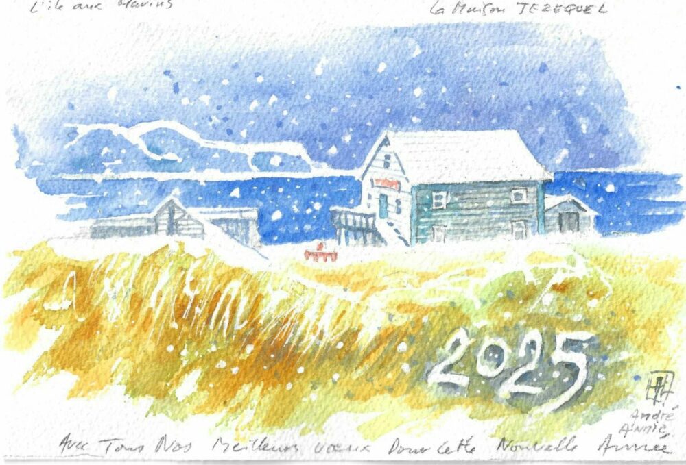 André Lavergne, carte de voeux 2025, La Maison Jezéquel, l'île aux Marins, Saint-Pierre-et-Miquelon, dessin (© A. Lavergne)