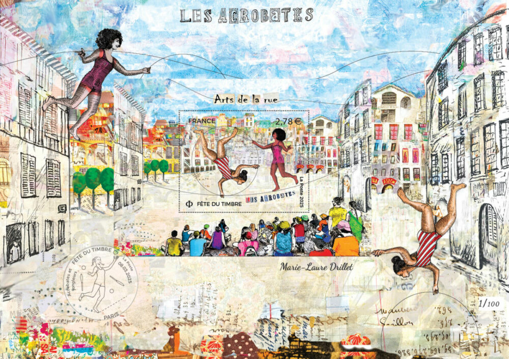 Fête du Timbre ; arts de la rue... les acrobates, enveloppe souvenir philatélique MLD, 2025 (création Marie-Laure Drillet, impression numérique sur enveloppe,) (© La Poste/ML. Drillet)
