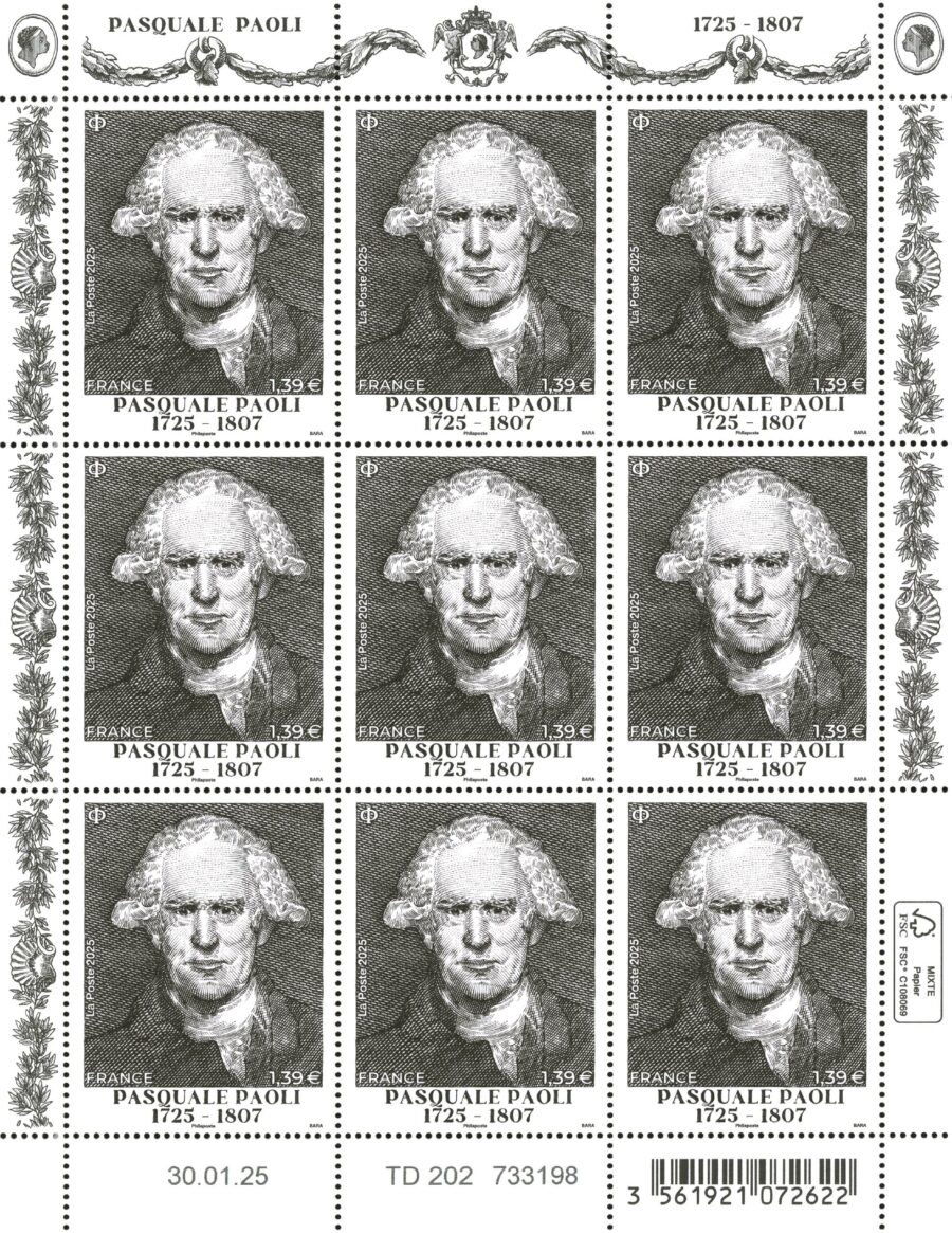 feuille de 9 timbres Pasquale Paoli, 2025 ( création et gravure de Pierre Bara, d'après Sir Thomas Lawrence (1769-1830), Huile sur toile, Londres 1797 (c) Collectivité de Corse – Musée Maison natale de Pascal Paoli) (©La Poste/ P.Bara)