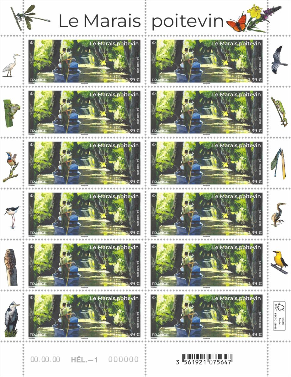 Le Marais poitevin, feuille de 12 timbres, 2025 (création de Raphaële Goineau, impression héliogravure, 