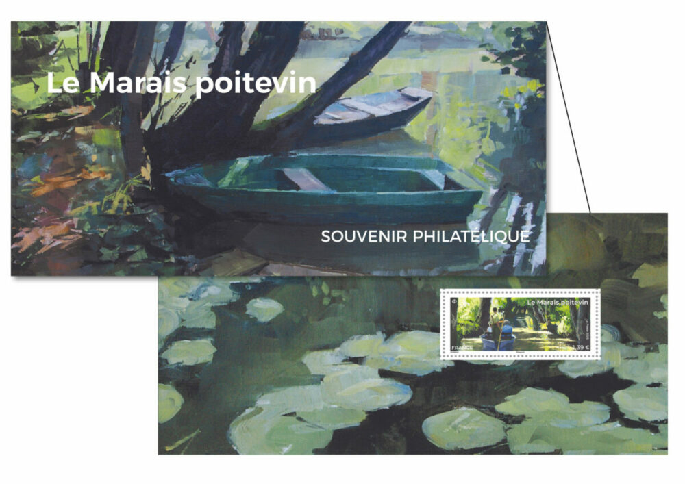 Le Marais poitevin, souvenir philatélique, 2025 (création de Raphaële Goineau, feuillet impression héliogravure, carte impression offset) (© La Poste/R. Goineau)
