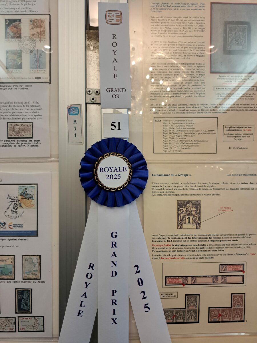 Grand or et Grand Prix de l'exposition "Royale 2025 Filex" Montréal à Jean-Jacques Tillard pour sa collection "Saint-Pierre-et-Miquelon - le type Groupe 1892-1908" (© JJ. Tillard)