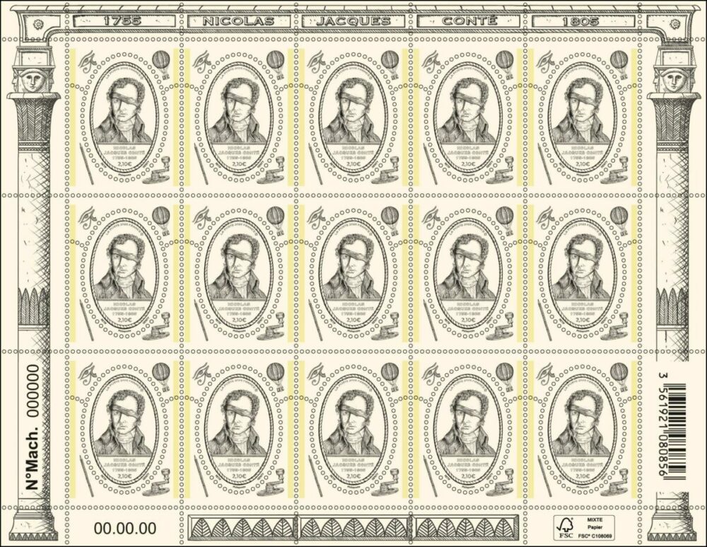 feuille de 15 timbres Nicolas Jacques Conté, 2025 (création de Clovis Retif et gravure de Louis Genty, impression taille-douce, d'après photos Portrait de Nicolas Jacques Conté, gravure (inv.20458) © Musée des arts et métiers, Paris / photo Studio Cnam et ballon d'observation © SSPL/UIG / Bridgeman Images) (©La Poste/C.Retif/ L.Genty)