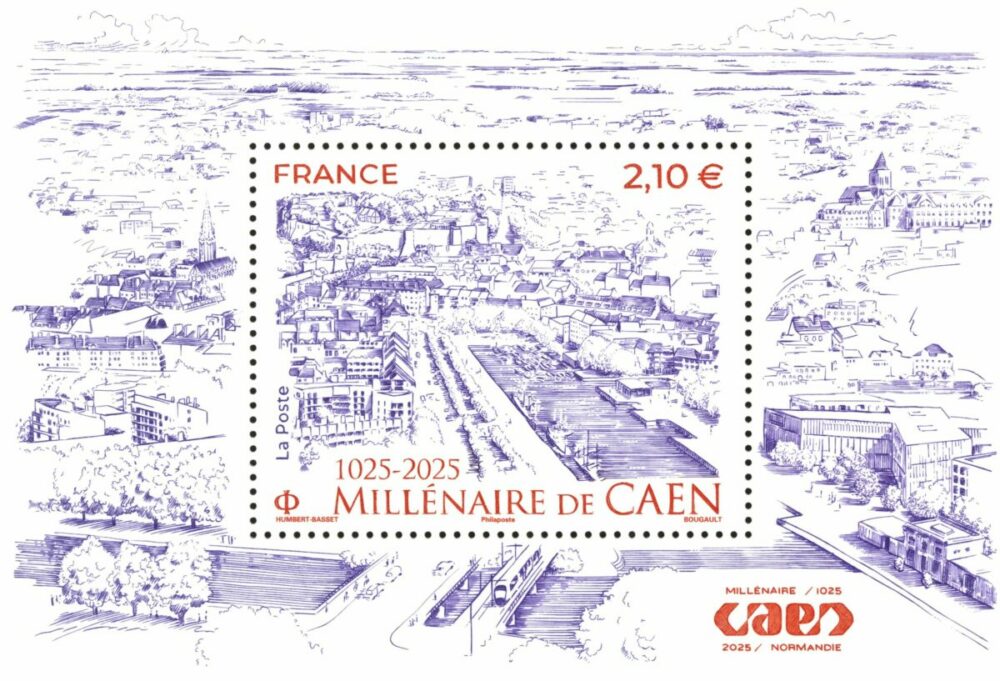 Millénaire de Caen, 2025 (création de Stéphane Humbert-Basset, gravure Sarah Bougault, impression taille-douce) (©La Poste/ S.Humbert-Basset/ S.Bougault)