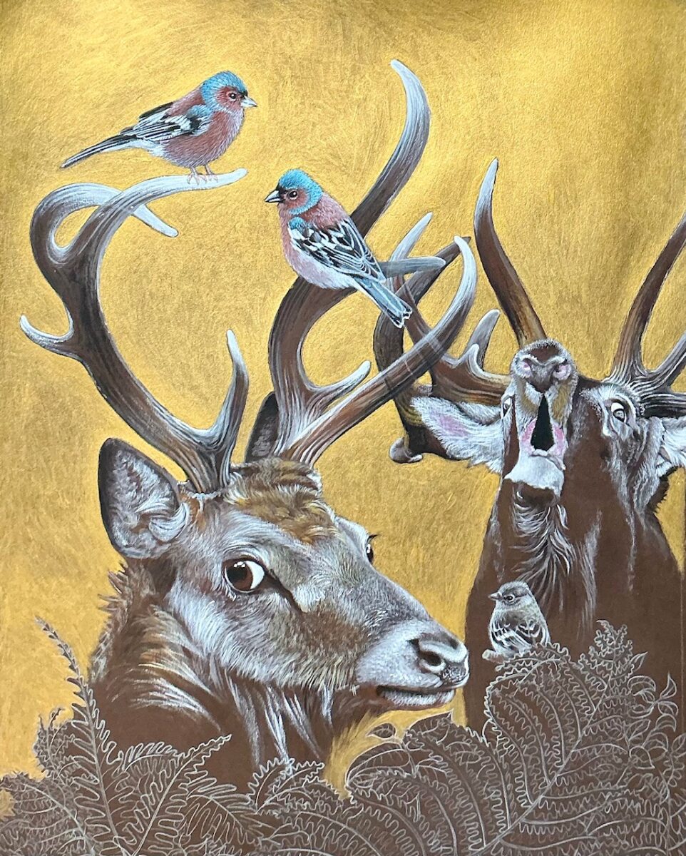 Isabelle Molinard, "2 cerfs, 3 oiseaux", acrylique sur papier couleur, 50 x 70 cm (©I. Molinard)