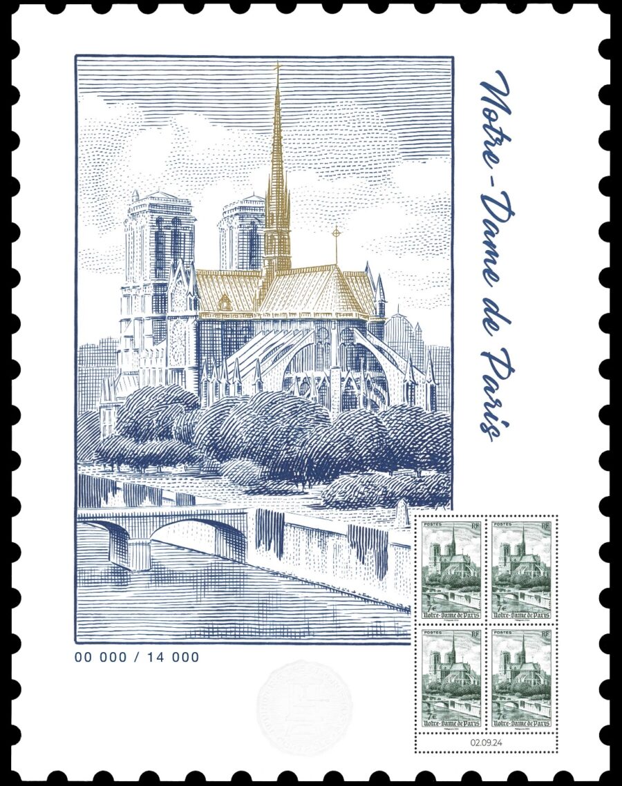 Affiche Notre-Dame de Paris, 2024 (création d’Elsa Catelin d’après le timbre de Jules Piel, impression taille-douce) (© La Poste/E.Catelin)