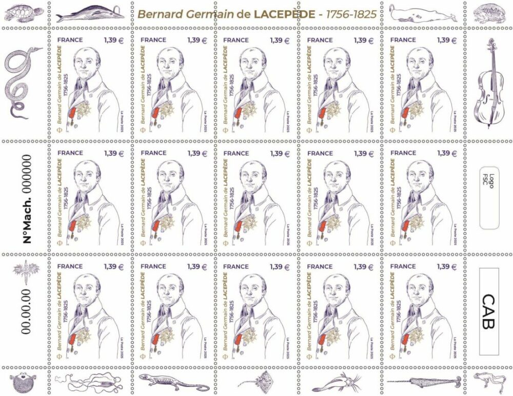 feuille de 15 timbres Bernard Germain de Lacepède, 2025 (création de Geneviève Marot et gravure d'André Lavergne, impression taille-douce d'après photo  ©Darchivio/opale.photo et photos ©BnF) (©La Poste/G.Marot/ A.Lavergne)