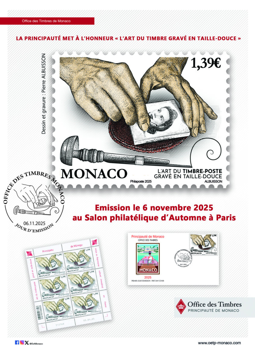 Monaco, L'art du timbre-poste gravé en taille-douce, flyers, 2025 (création Pierre Albuisson, impression taille-douce) (© OETP/P. Albuisson)