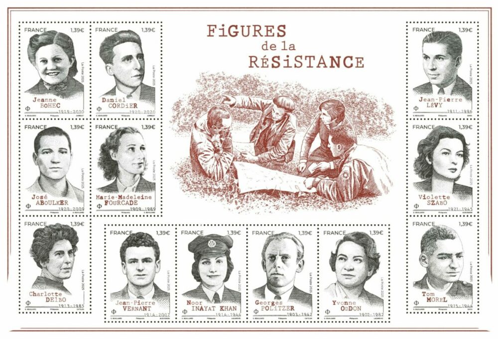 Figures de la Résistance 2025 (création de Sophie Beaujard et gravure de Sophie Beaujard, Pierre Albuisson, Sarah Lazarevic, Elsa Catelin, Pierre Bara et Claude Jumelet d'après photo Combattants résistants, HuIton Archive/ Gettyimages. Charlotte Delbo  d'ap. photo © Eric Schwab; Daniel Cordier d'ap. photo © Famille Daniel Cordier ; Georges Politzer d'ap. photo © Famille de Georges Politzer; Jeanne Bohec d'ap. photo © Service historique de la Défense, Vincennes; Jean-Pierre Vernant d'ap. photo © Famille