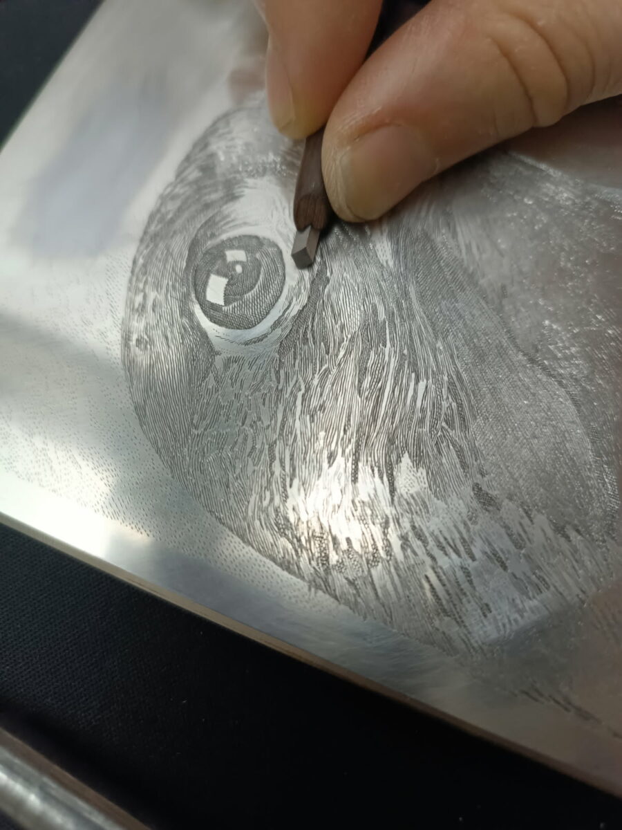 Pierre Bara grave avec son burin la matrice en acier doux, le faucon pèlerin, "chasseur de timbres", ATG 2025 (© P. Bara)