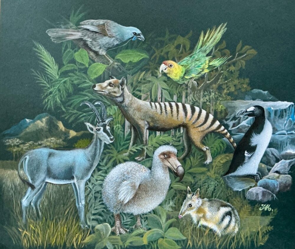 Isabelle Molinard, "Des animaux disparus", illustration pour la couverture de Del. et Sculp., acrylique sur papier, 2025 (©I. Molinard)