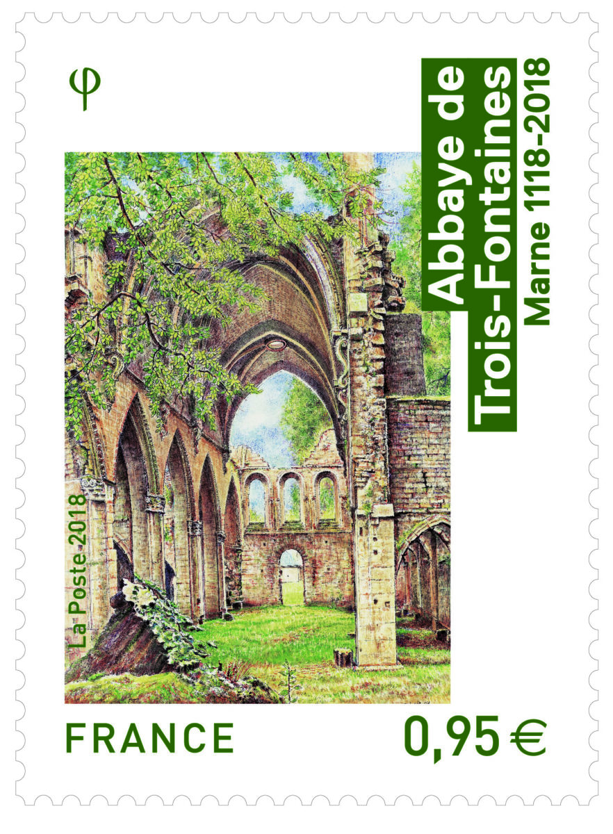 Abbaye de Trois-Fontaines, Marne, 2018 (création Roland Irolla, mise en page Marion Favreau d'après une photo de © Aurélie Boileau, impression héliogravure) (© La Poste/R. Irolla)