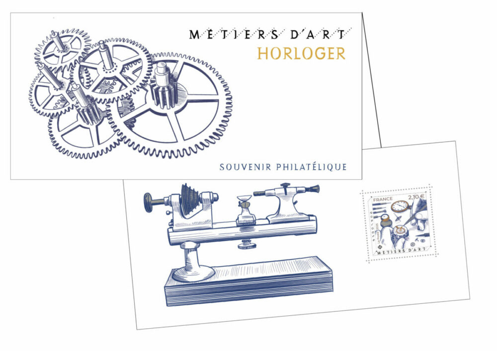 Bloc Souvenir du timbre métiers d'art horloger 2025 (création et gravure de Thomas Brac de La Perrière, mise en page Valérie Besser) (©La Poste/ T. Brac de La Perrière)