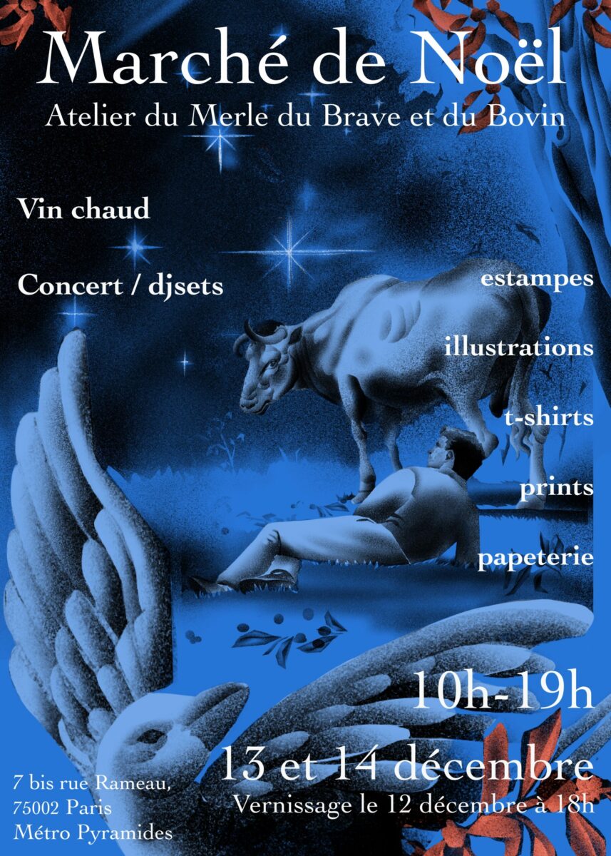 Atelier de gravure du Merle, du Brave et du Bovin, affiche du marché de Noël, Paris, 2025 (© Atelier MBB)