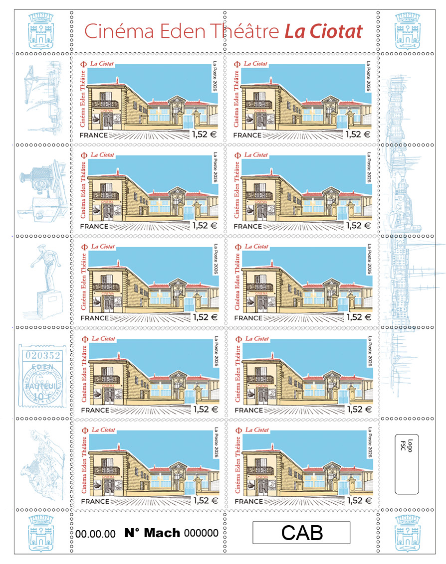 feuille de 10 timbres cinéma Eden Théâtre, 2026 (création et gravure de Christophe Laborde-Balen, impression taille-douce, d'après photo ©Denys PASTRE ©Hemis) (©La Poste/ C.Laborde-Balen)