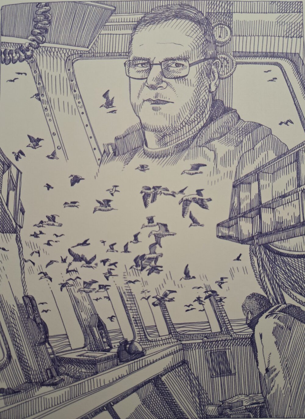 Marie Détrée, Eddy, patron pêcheur du chalutier le Marie-Catherine II, illustration du livre "Haute Mer. Les derniers forçats de la pêche", p.22, 2025 (© Arthaud / M. Détrée).