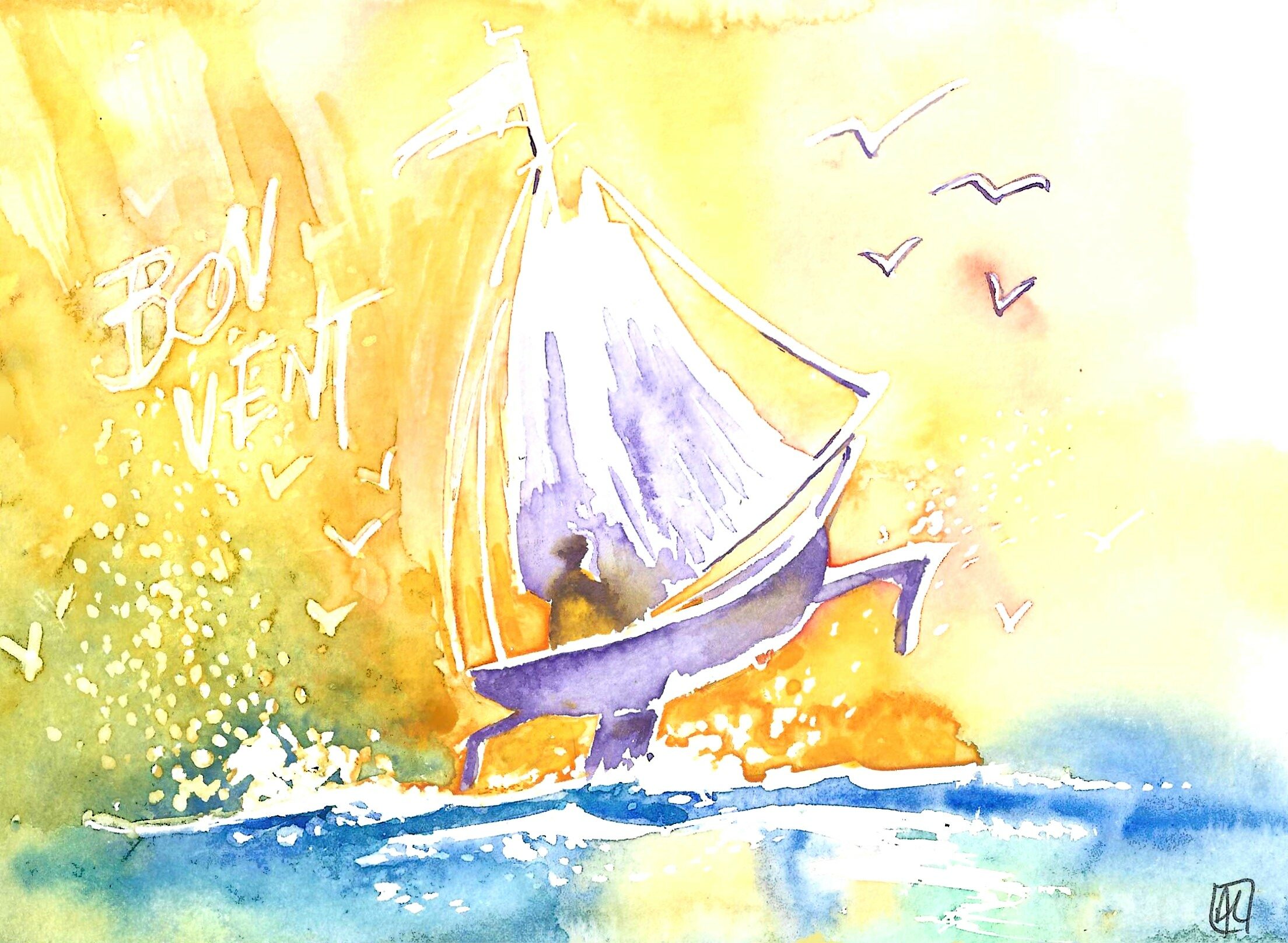 André Lavergne, Bon vent, aquarelle, carte de voeux 2026 (© A. Lavergne)