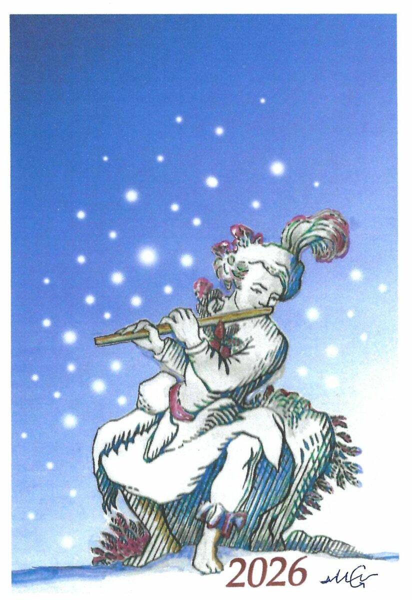 Marie-Noëlle Goffin, Automate de Vaucanson, carte de voeux imprimée 2026 (© MN.Goffin)